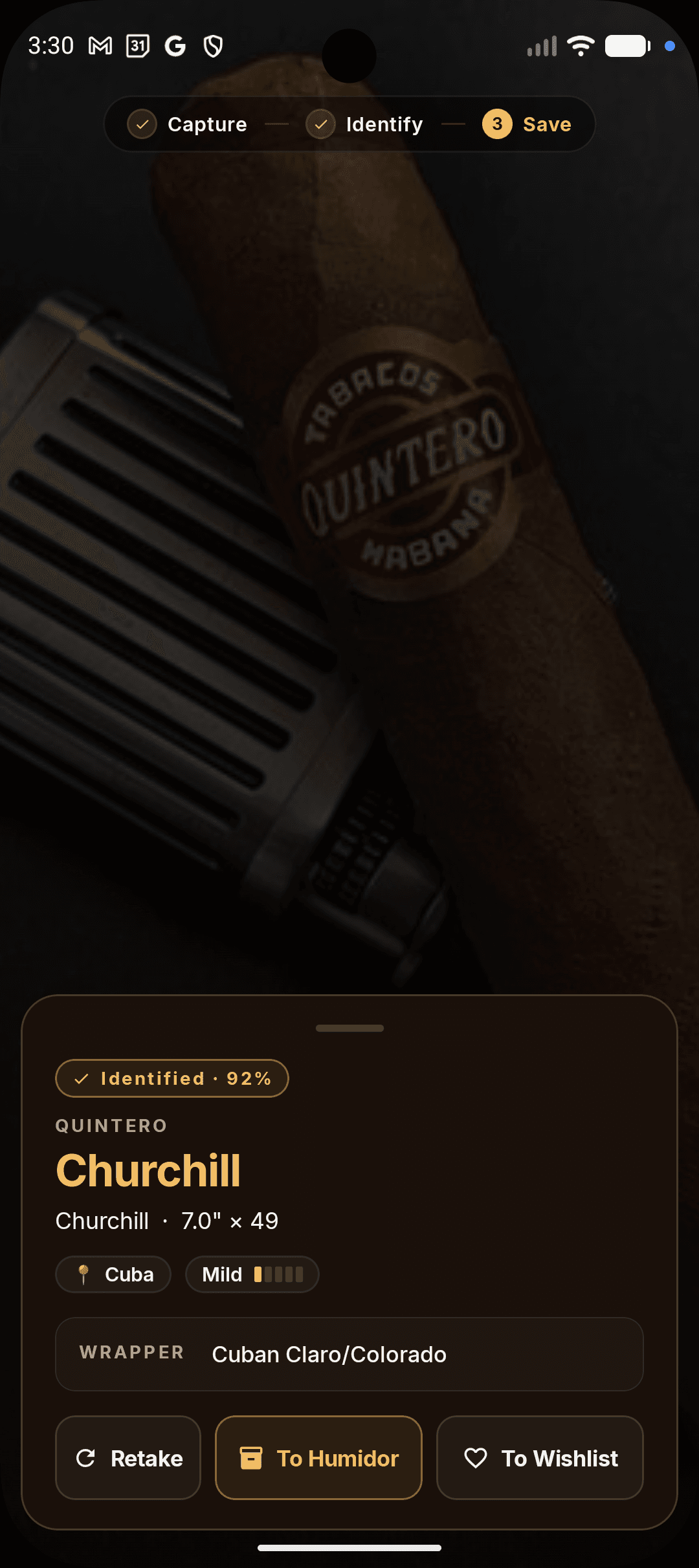 Cigarista identified a Quintero Churchill with 92% confidence, ready to send to the humidor or wishlist.