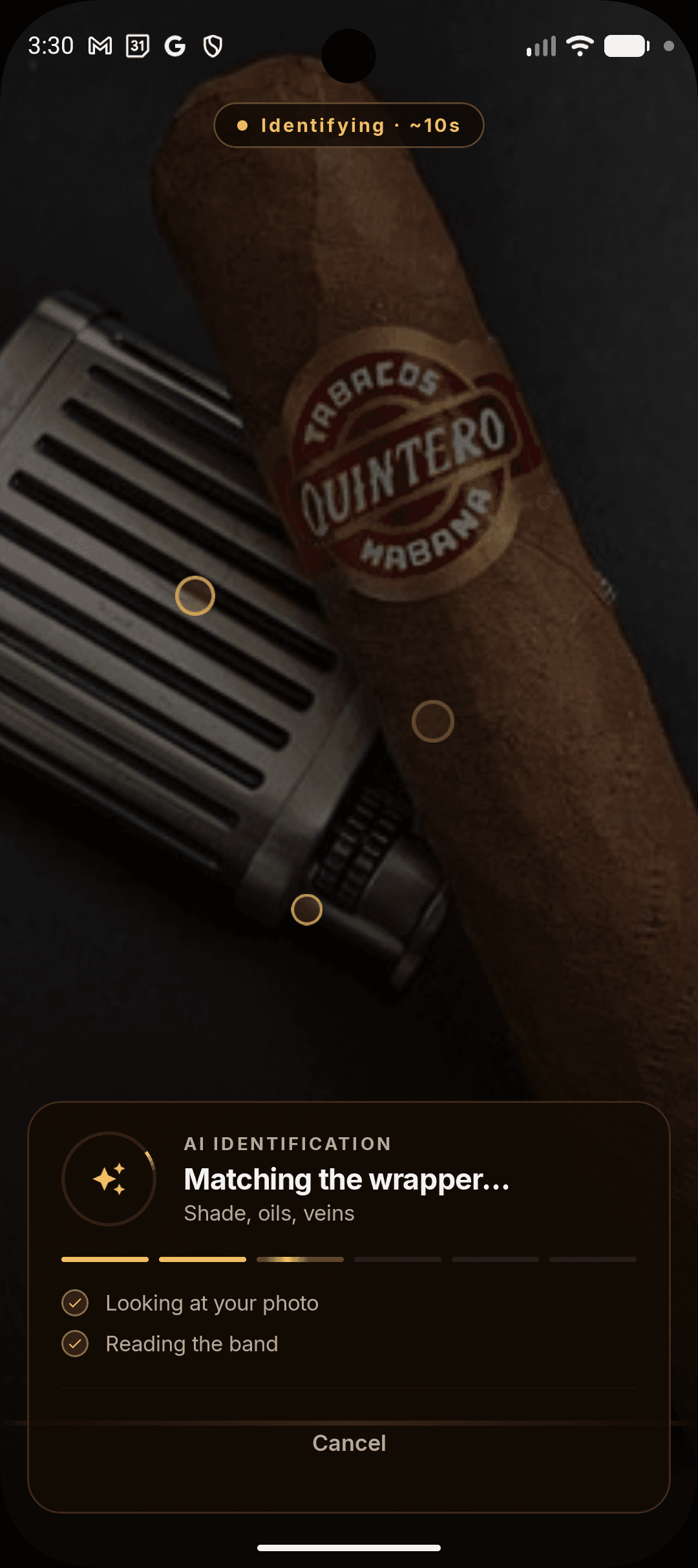 Scanning a cigar in the Cigarista app: AI identification in progress, matching the wrapper shade, oils, and veins.