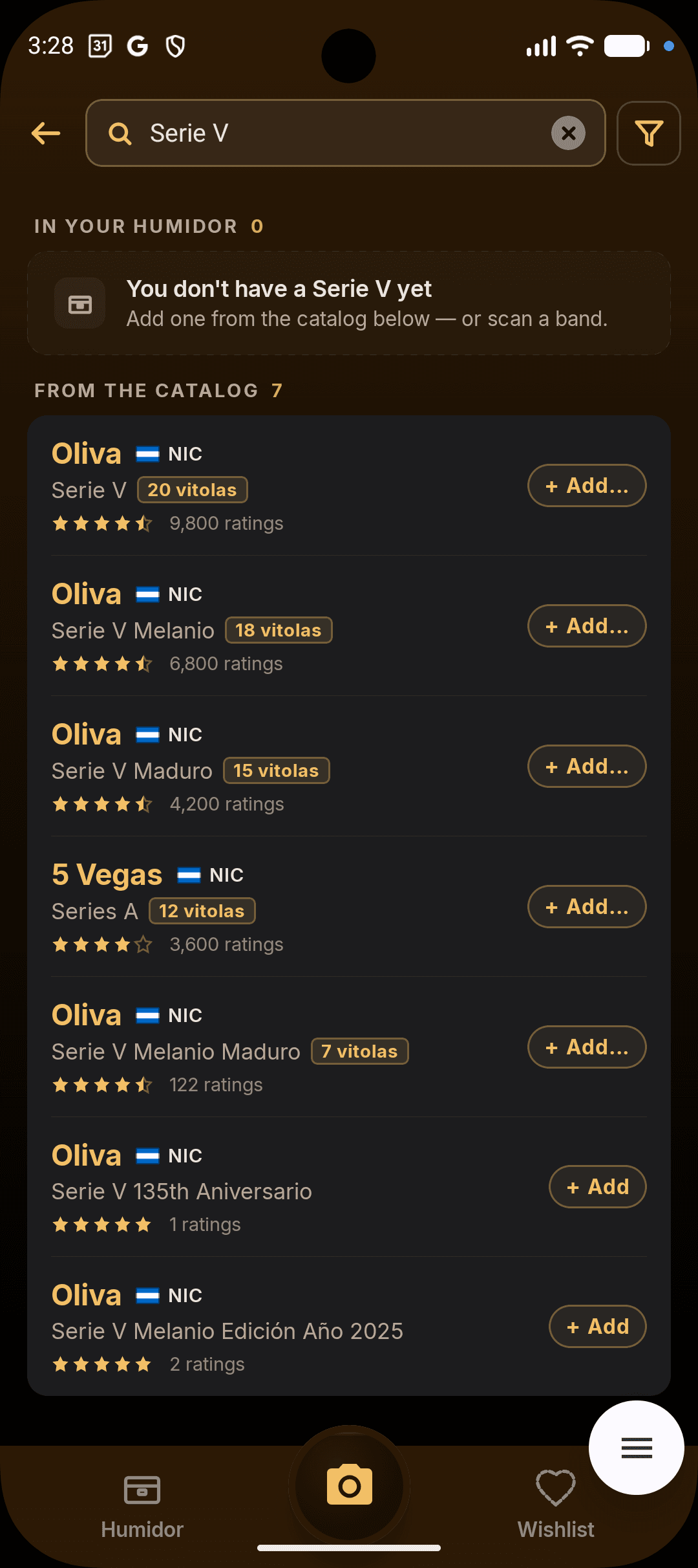 Searching the Cigarista catalog for 'Serie V' — Oliva vitolas surface with 9,800 community ratings ready to add.
