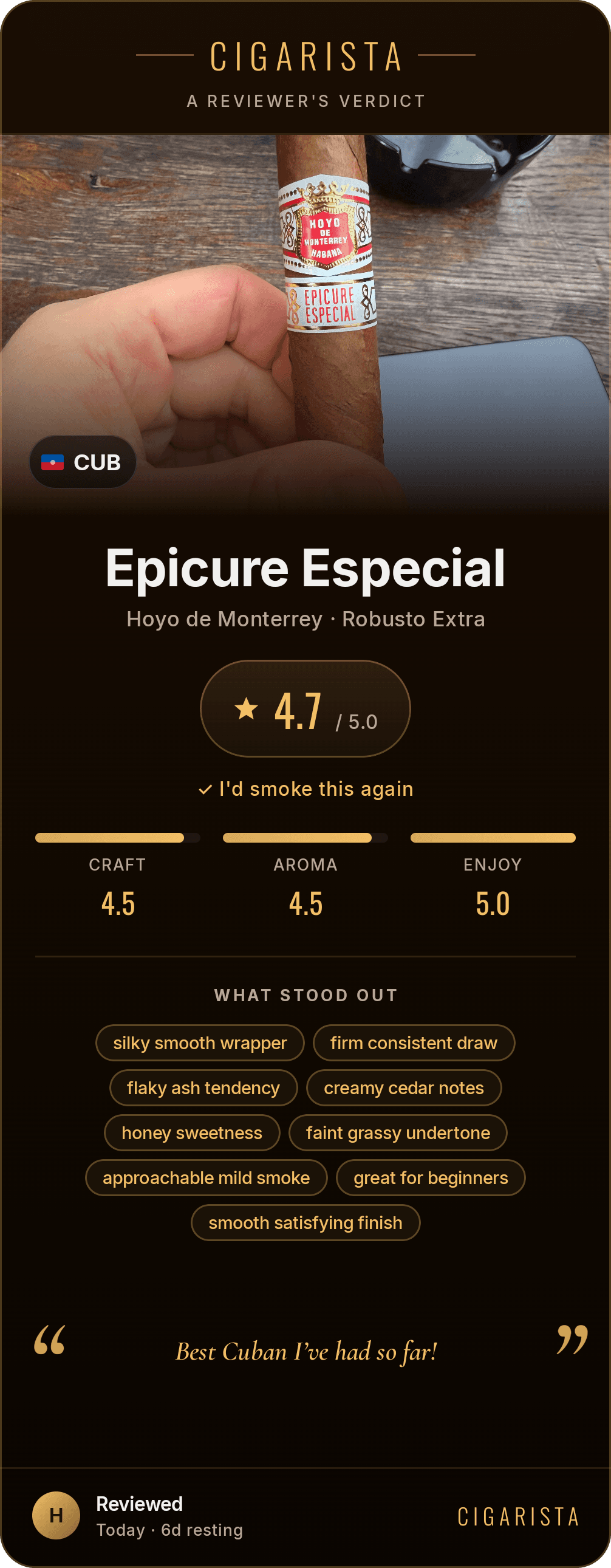 Sample Cigarista shareable review card for a Hoyo de Monterrey Epicure Especial rated 4.7/5 with tasting traits.