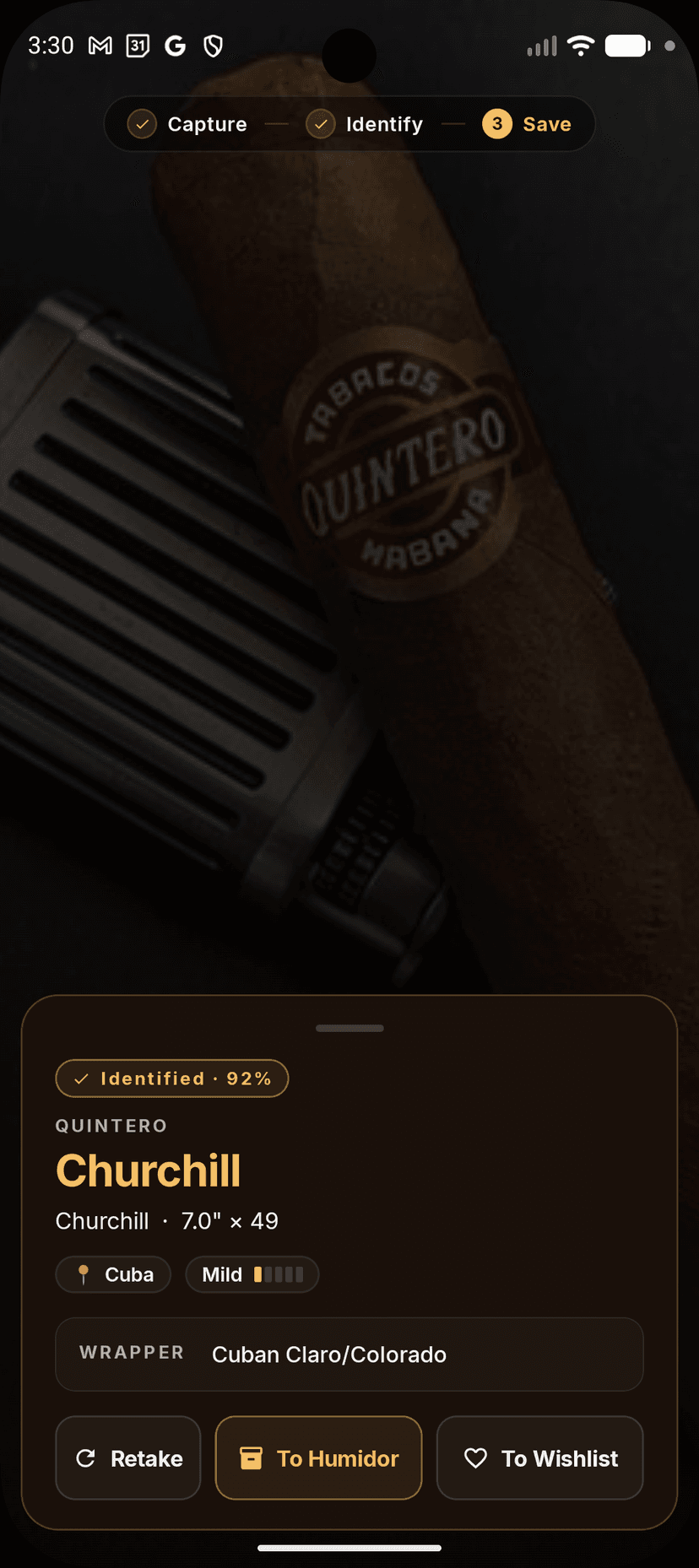 Cigarista identified a Quintero Churchill with 92% confidence, ready to send to the humidor or wishlist.