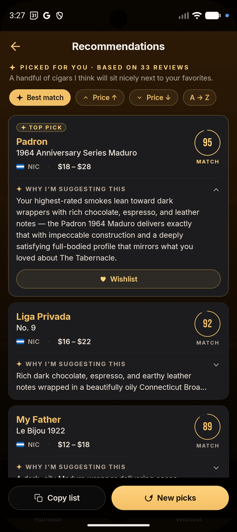 Cigarista AI recommendations: Padron 1964 Maduro at 95% match with reasoning based on the user's 33 prior reviews.