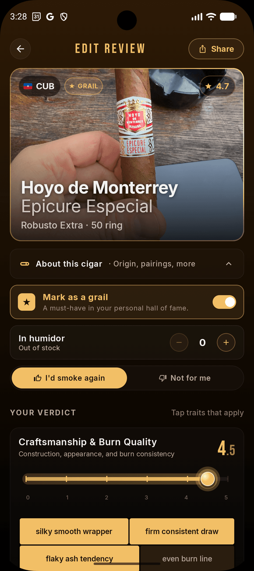 Editing a cigar review in Cigarista with rating sliders for craftsmanship, aroma, and enjoyment plus tasting trait chips.