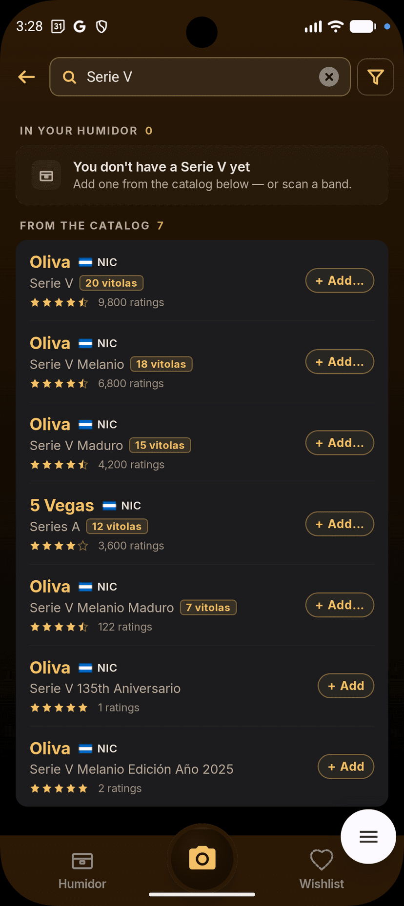 Searching the Cigarista catalog for 'Serie V' — Oliva vitolas surface with 9,800 community ratings ready to add.