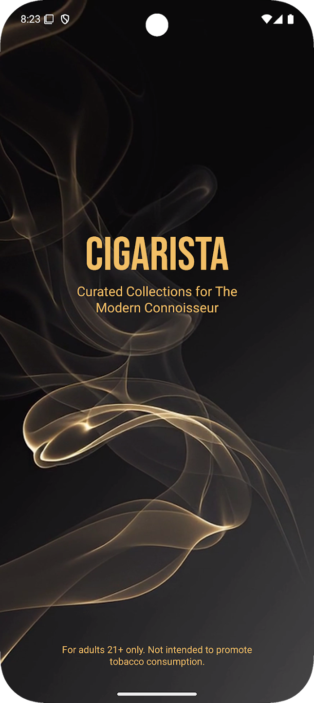 Cigarista app welcome screen with elegant branding and curated collections tagline