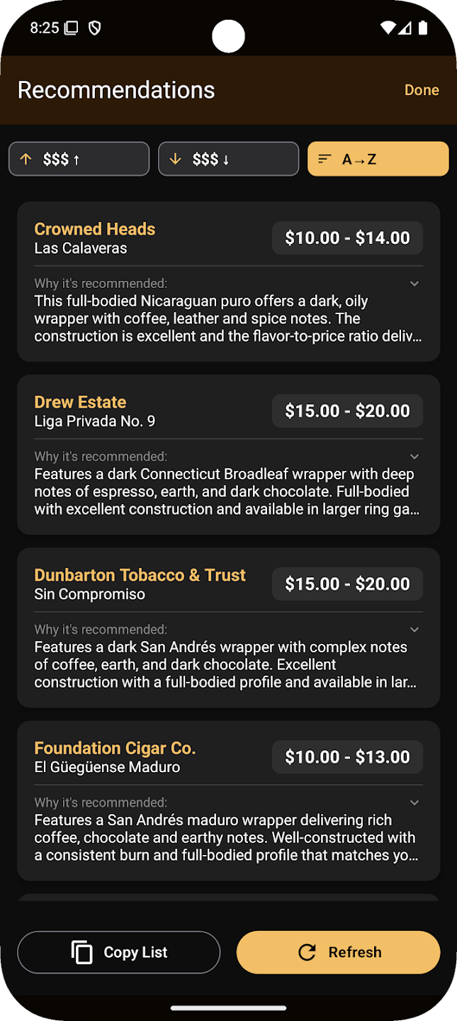 AI-powered recommendations screen showing personalized cigar suggestions with detailed descriptions