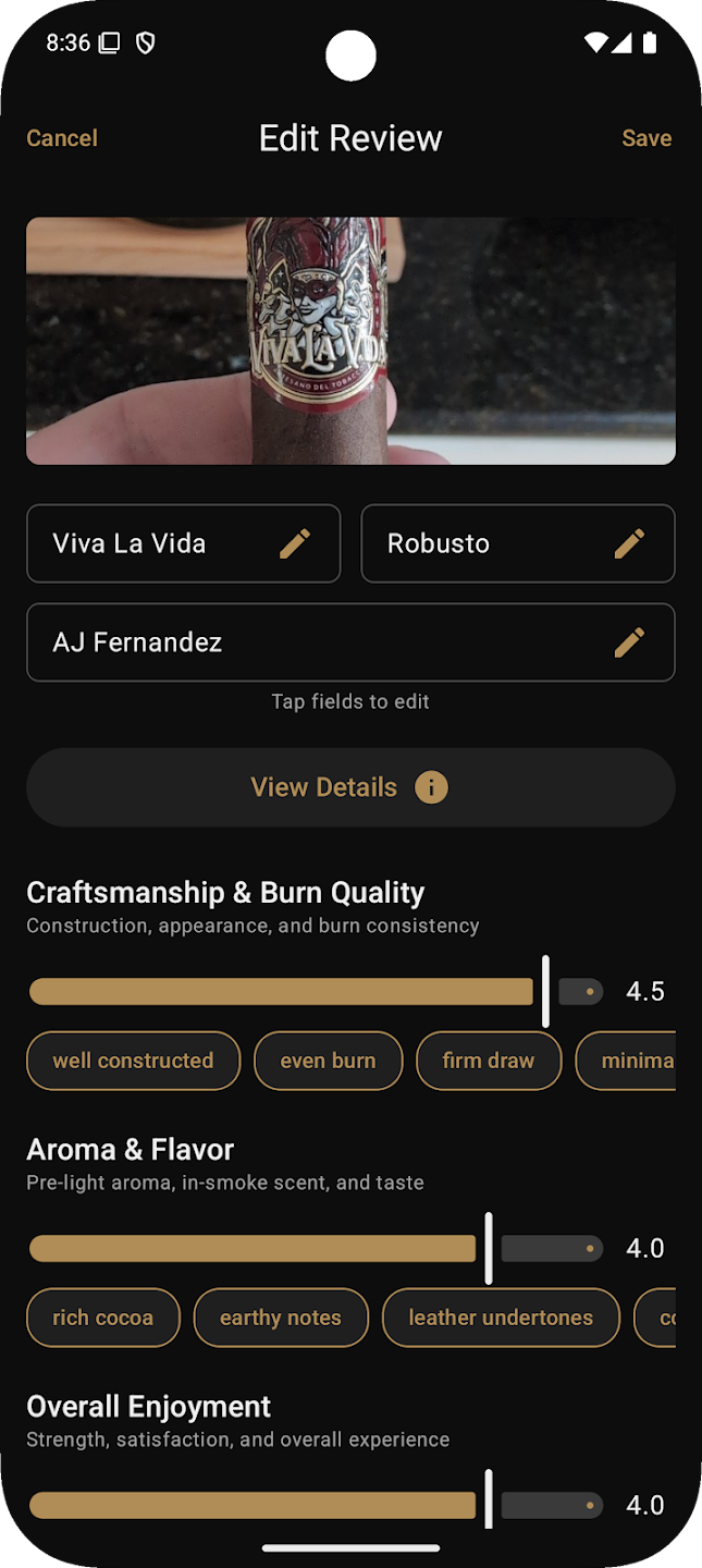 Detailed review interface for AJ Fernandez cigar with multi-dimensional ratings and flavor tags