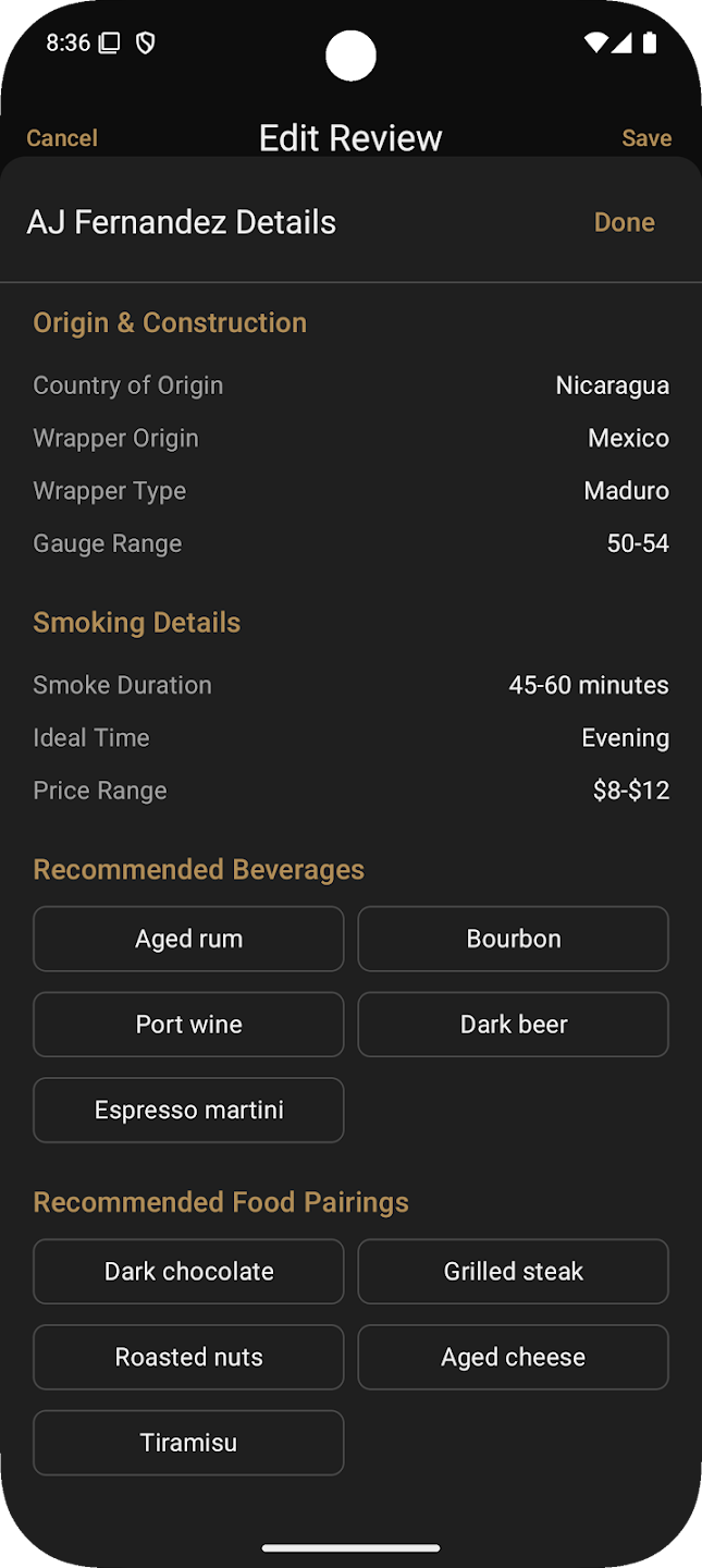 Comprehensive cigar details showing origin, construction, smoking details, and pairing recommendations